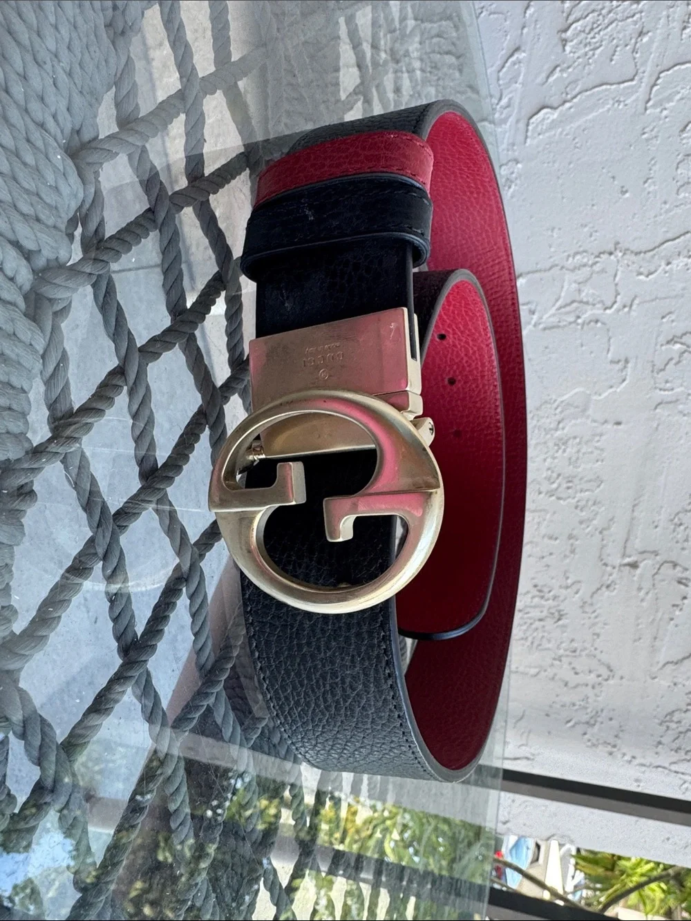 Gucci Black and Red Reversible Leather Belt with Gold GG Buckle